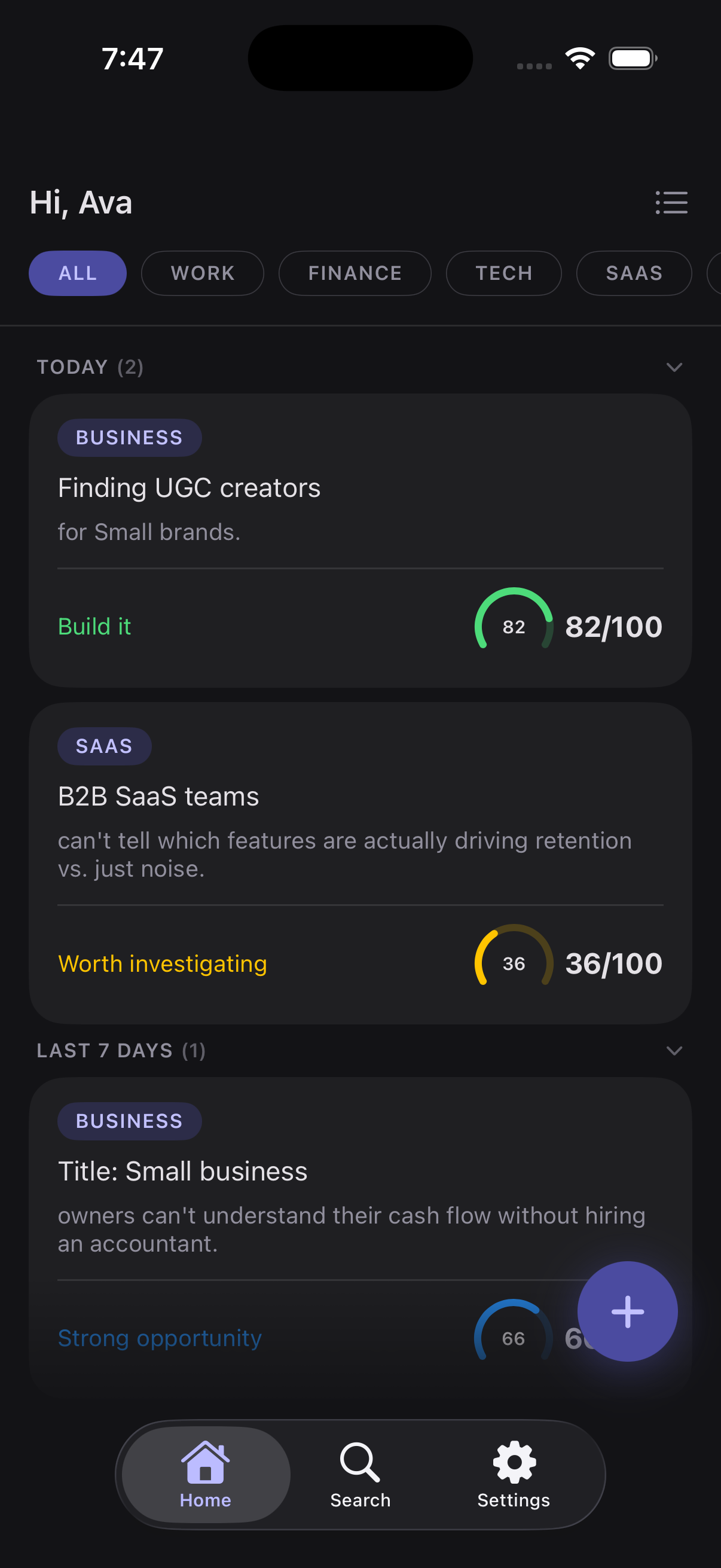 Friction app showing a validation queue of problems, each scored out of 100.